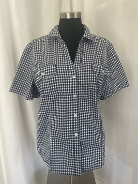 Navy/White gingham Button-Up Button pockets, Short Sleeve Size L PTP 23 L 24
